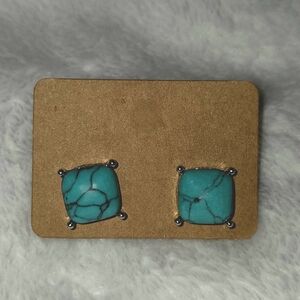 Blue Howlite Button Shape Stud Earrings in Silver Tone